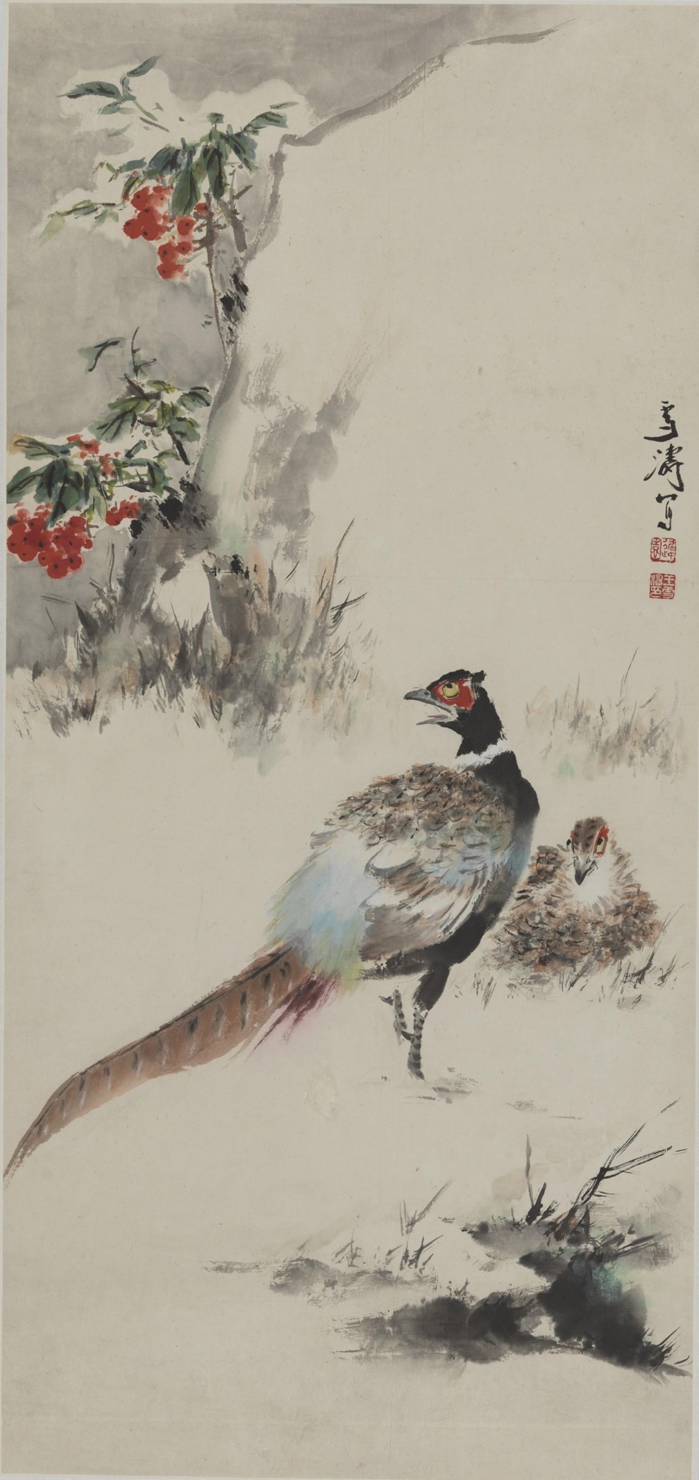 <h2>稚鸡</h2><p>作者：王雪涛（1903-1982）</p><p>创作年代：1965年</p><p>规格：99.8cm×47.3cm</p><p>品类：中国画</p>